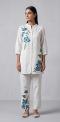 Ivory Linen-Blend Embroidered Tunic and Pant Co-ord Set