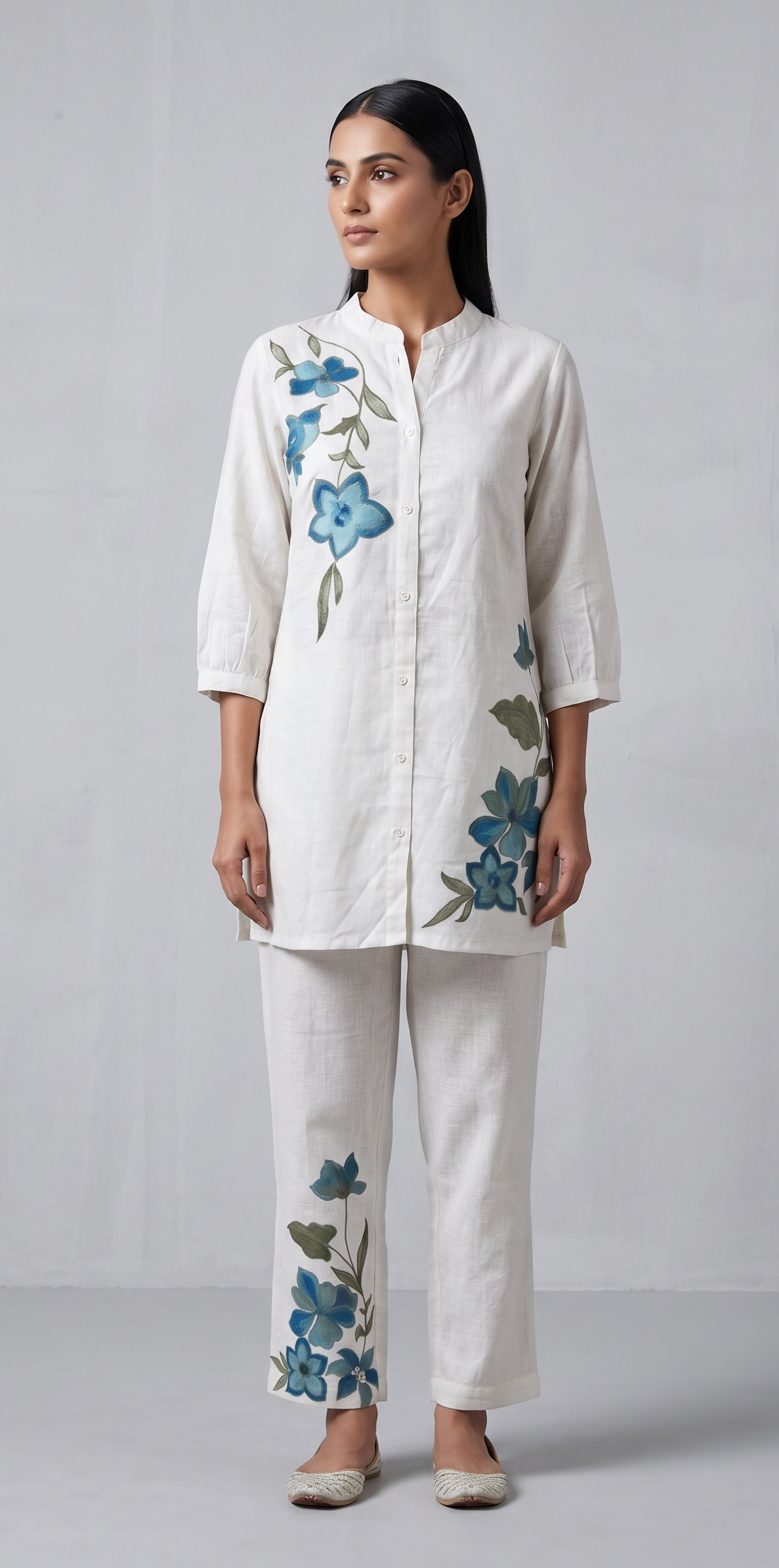 Ivory Linen-Blend Embroidered Tunic and Pant Co-ord Set