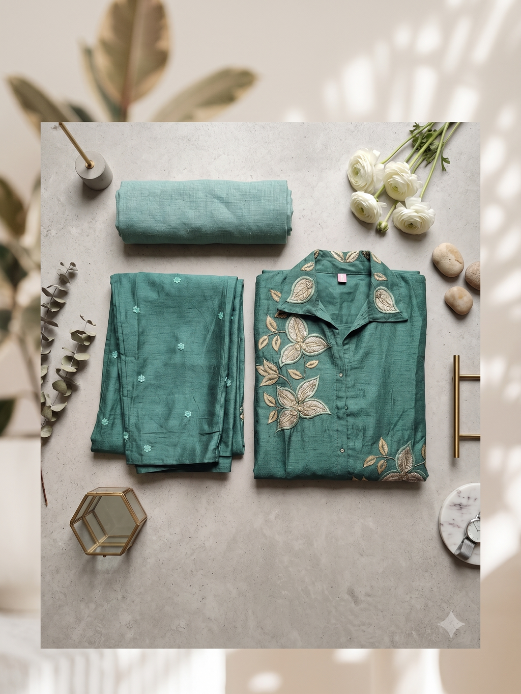 Peacock Teal Silk-Blend Co-ord Set with Botanical Embroidery