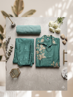 Peacock Teal Silk-Blend Co-ord Set with Botanical Embroidery