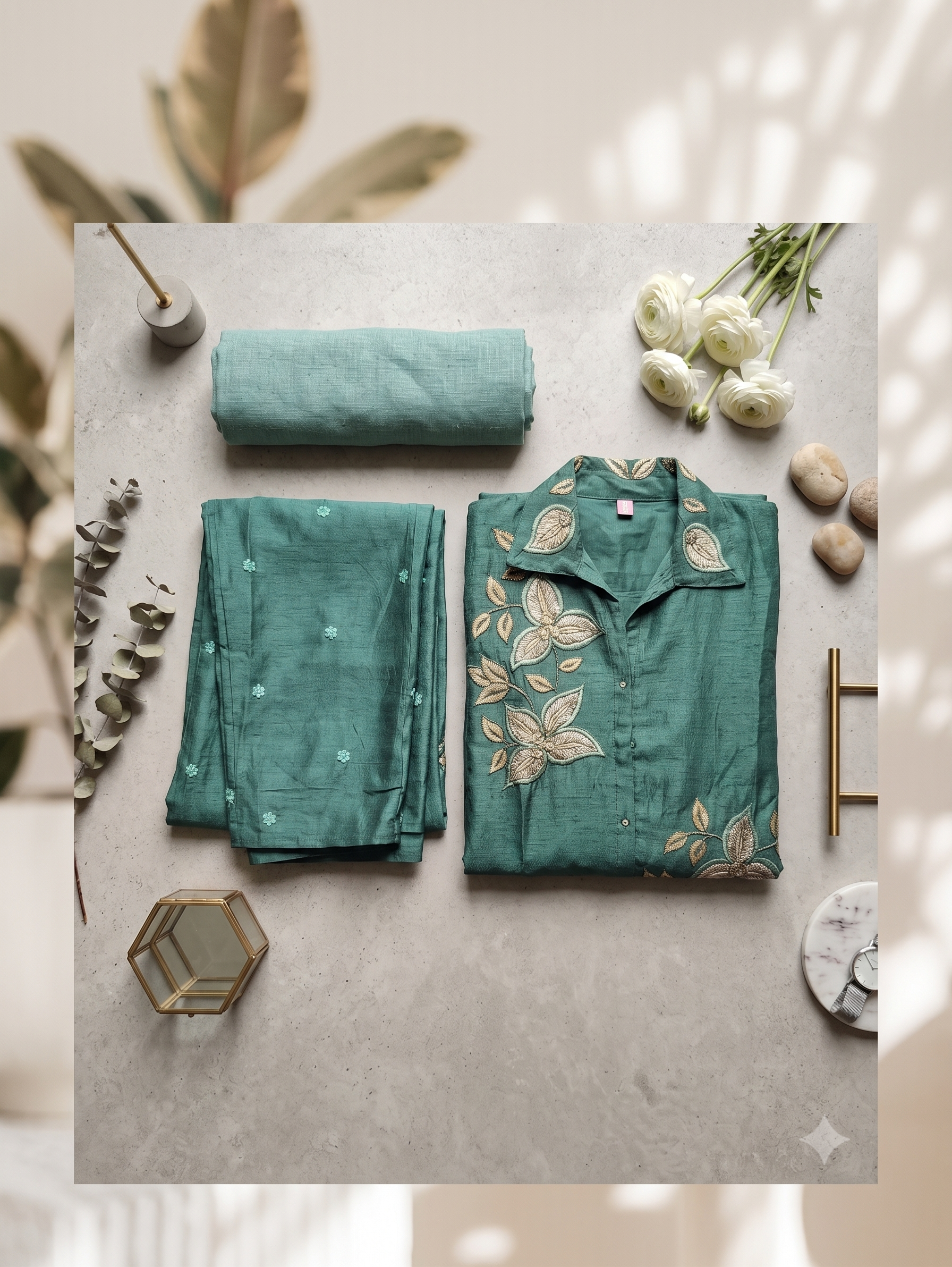 Peacock Teal Silk-Blend Co-ord Set with Botanical Embroidery
