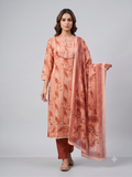 Women's Peach & Rust Floral Printed Cotton Kurta Set with Dupatta – 3-Piece Ethnic Suit