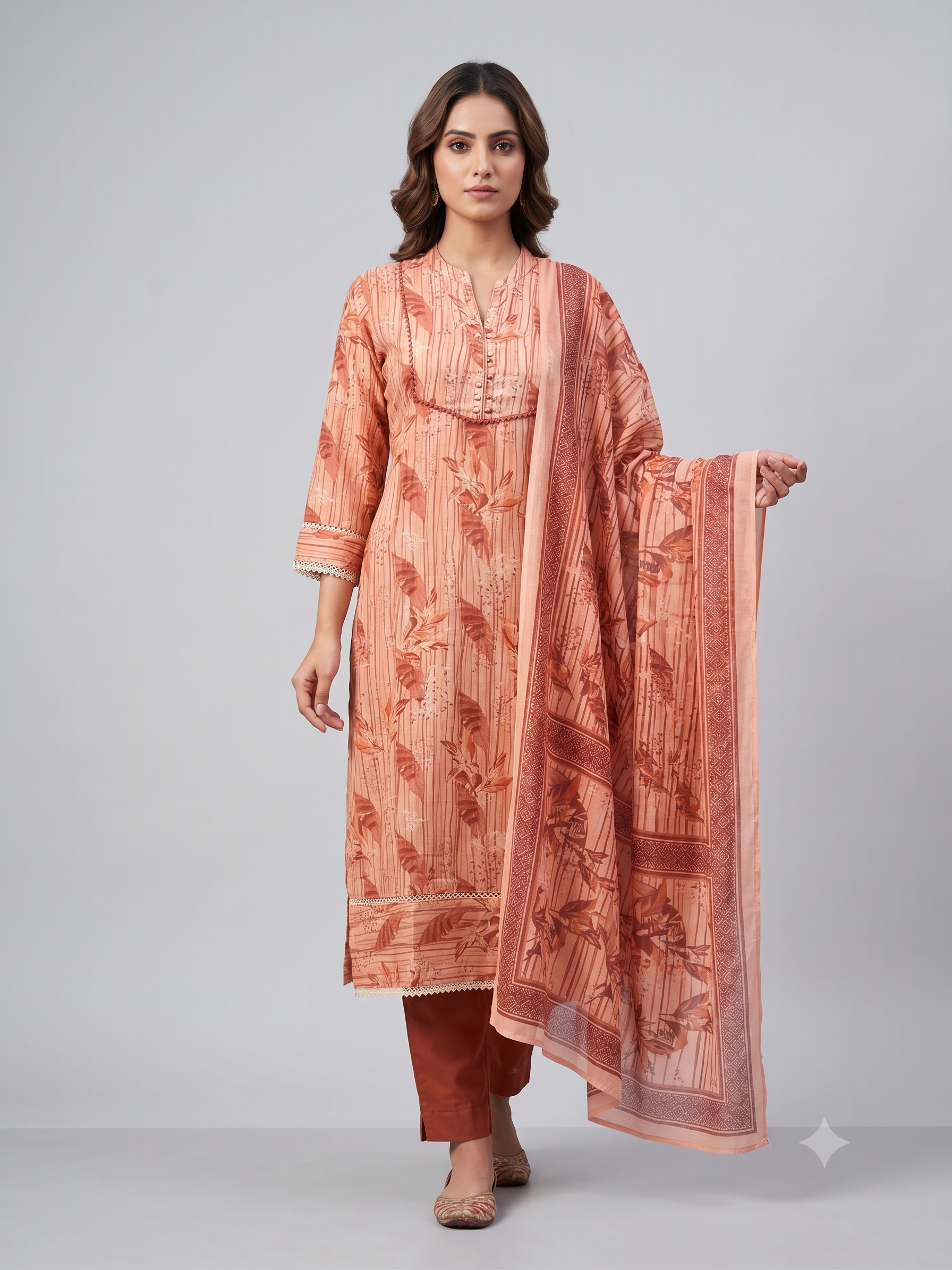 Women's Peach & Rust Floral Printed Cotton Kurta Set with Dupatta – 3-Piece Ethnic Suit