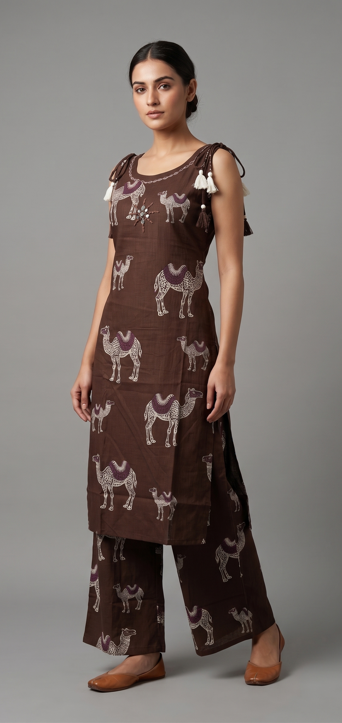 Chocolate Brown Camel Print Co-ord Set with Shoulder Tie Tassels