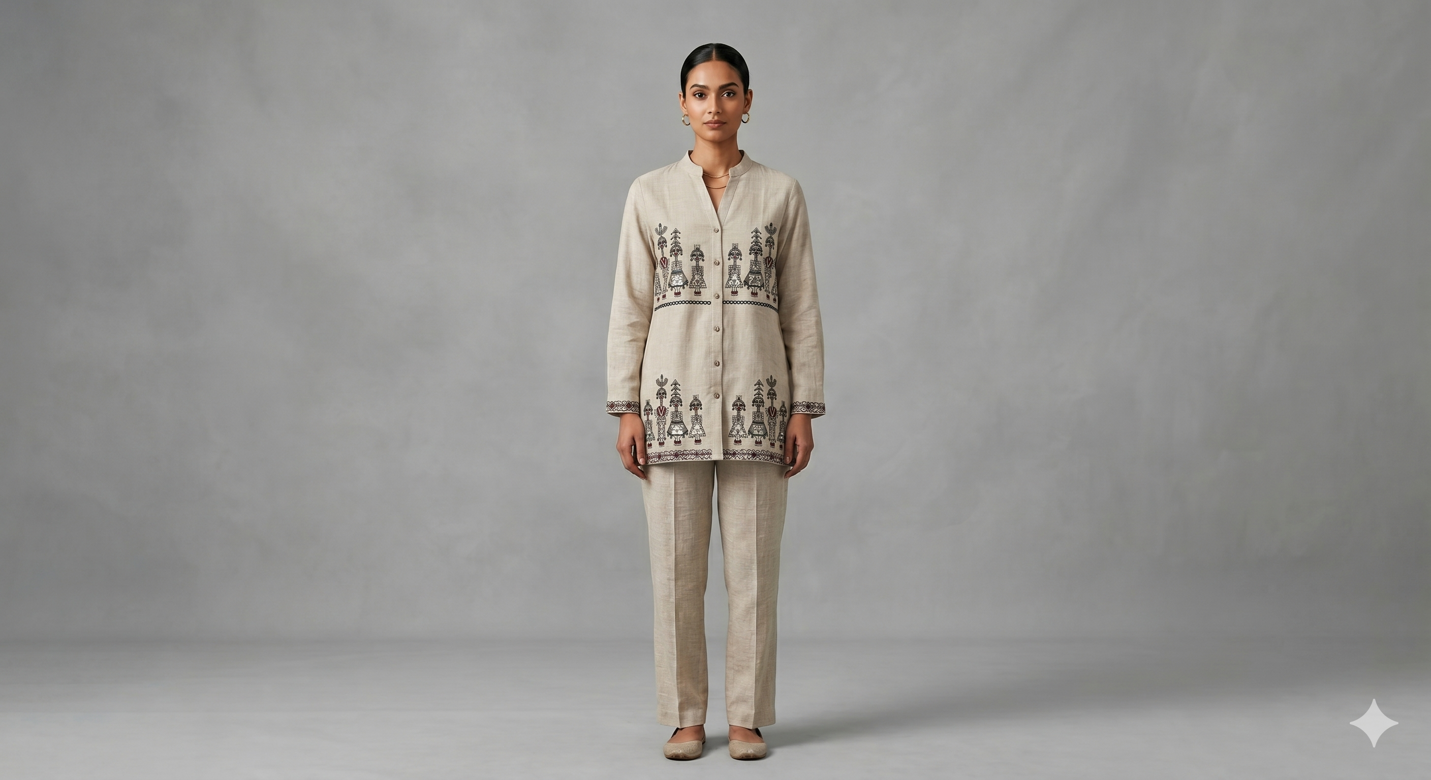 Sandstone Folk Art Motif Button-Down Co-ord Set