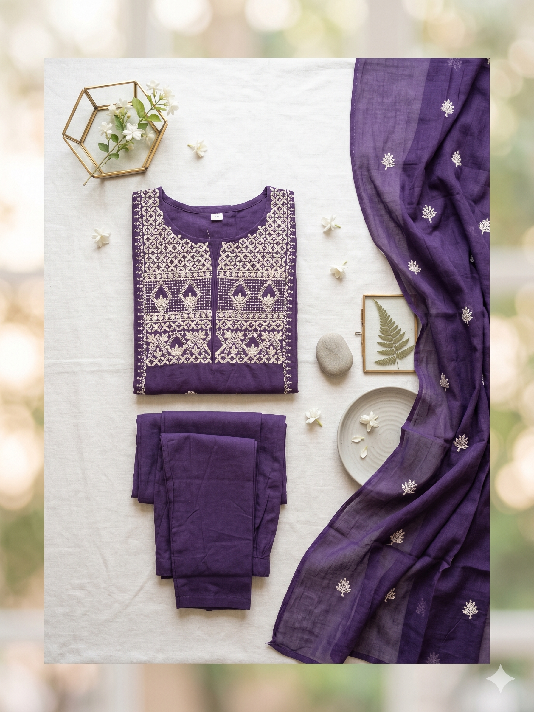 Plum Geometric Embroidered 3-Piece Kurta Set