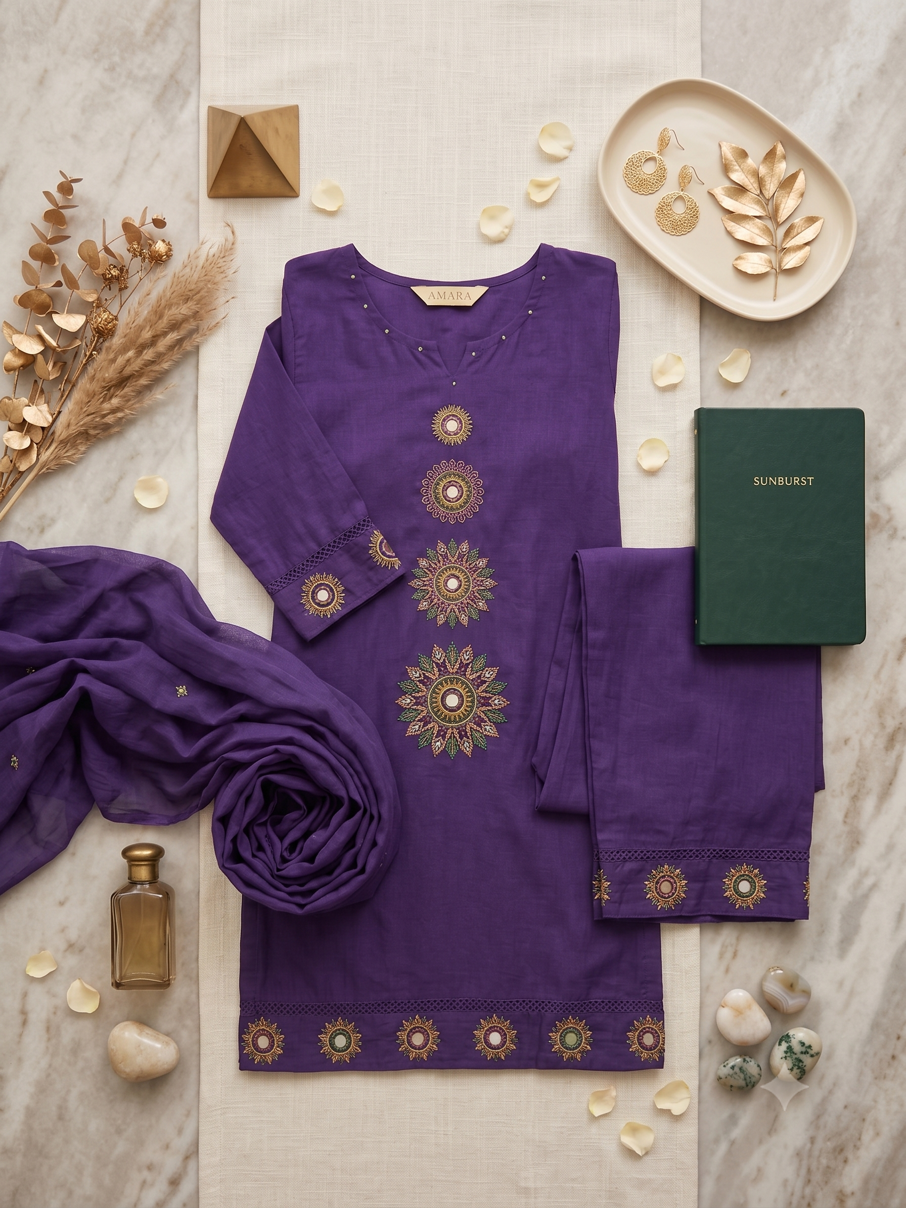 Women's Deep Purple Cotton Chanderi Kurta Set with Dupatta – 3-Piece Embroidered Mandala Suit Set
