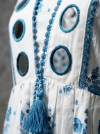 White and Blue Floral Flared Kurta Set with Mirror Work