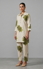Beige and Olive Green Floral Linen-Blend Co-ord Set