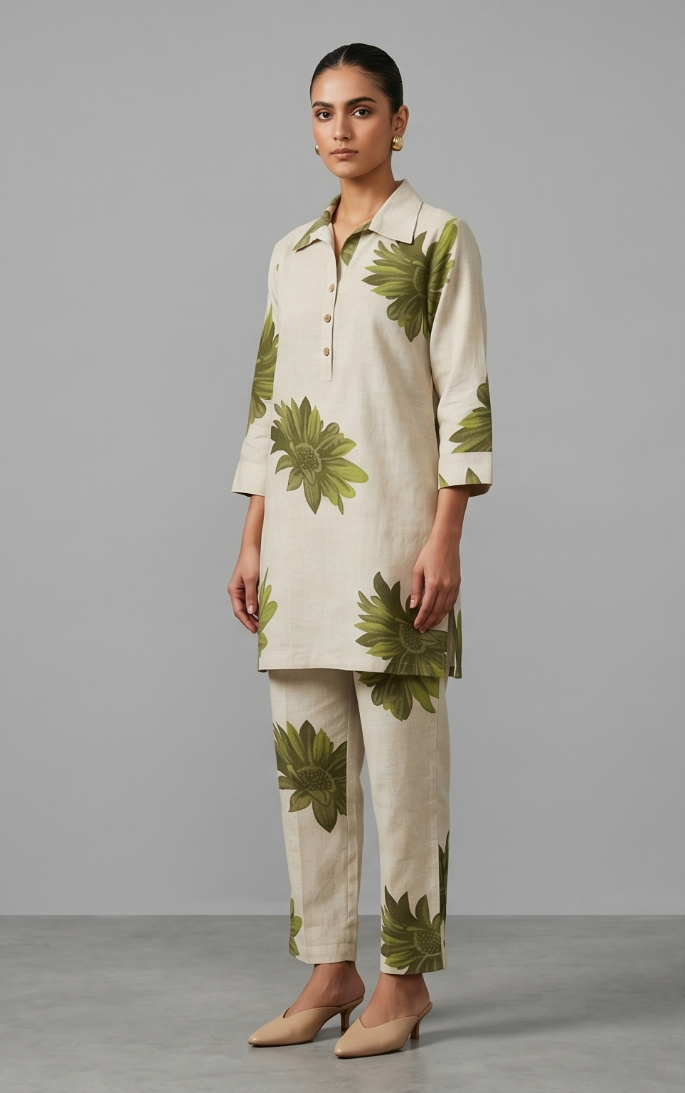 Beige and Olive Green Floral Linen-Blend Co-ord Set