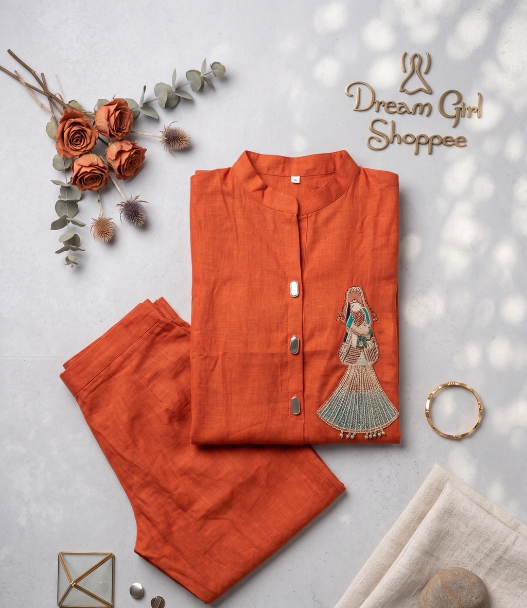 Terracotta Orange Textured Cotton Kurta Pant Set with Artistic Embroidery