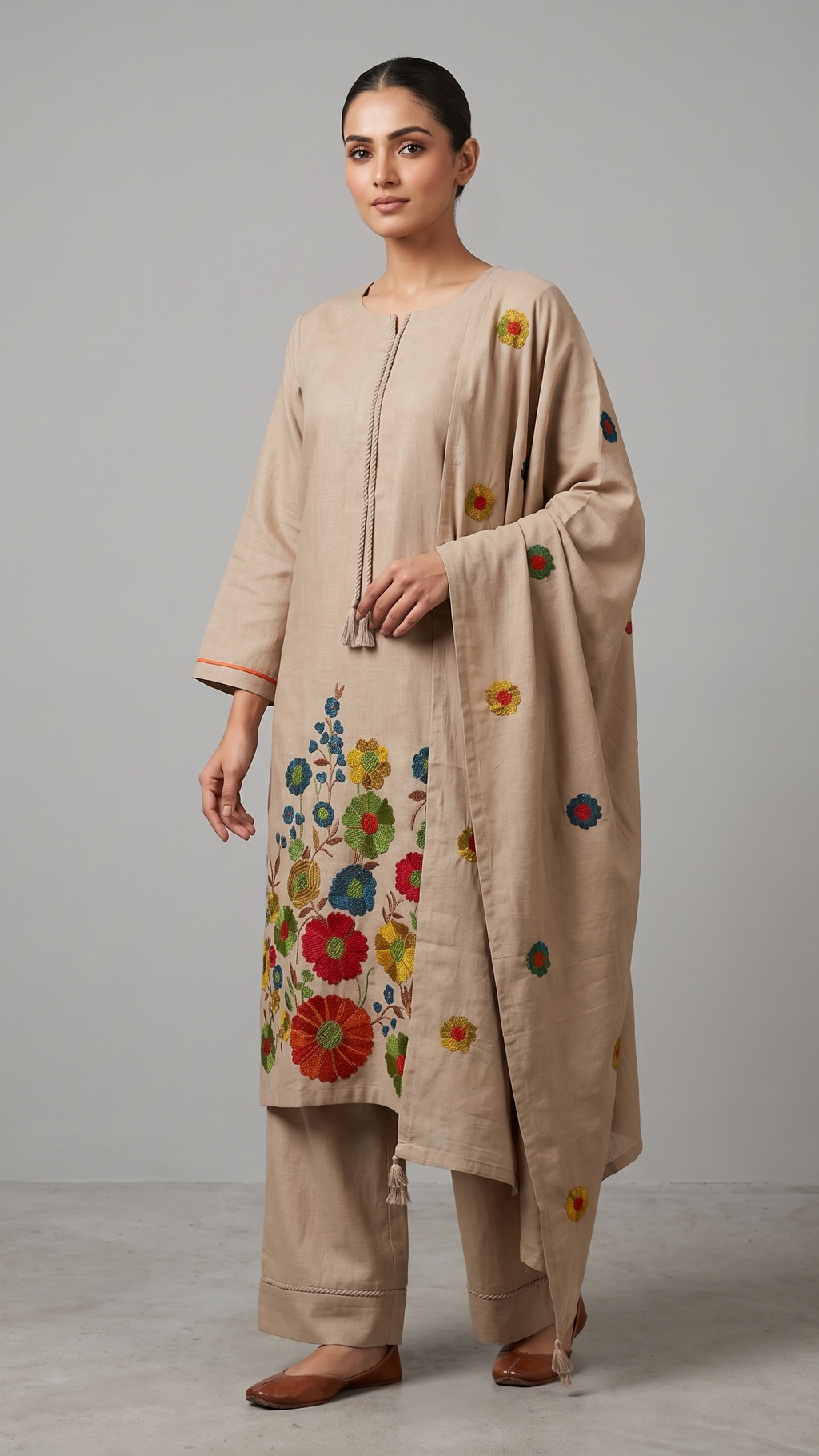 Natural Tone Crewel-Embroidered 3-Piece Suit with Dupatta
