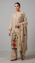 Natural Tone Crewel-Embroidered 3-Piece Suit with Dupatta