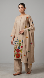 Natural Tone Crewel-Embroidered 3-Piece Suit with Dupatta
