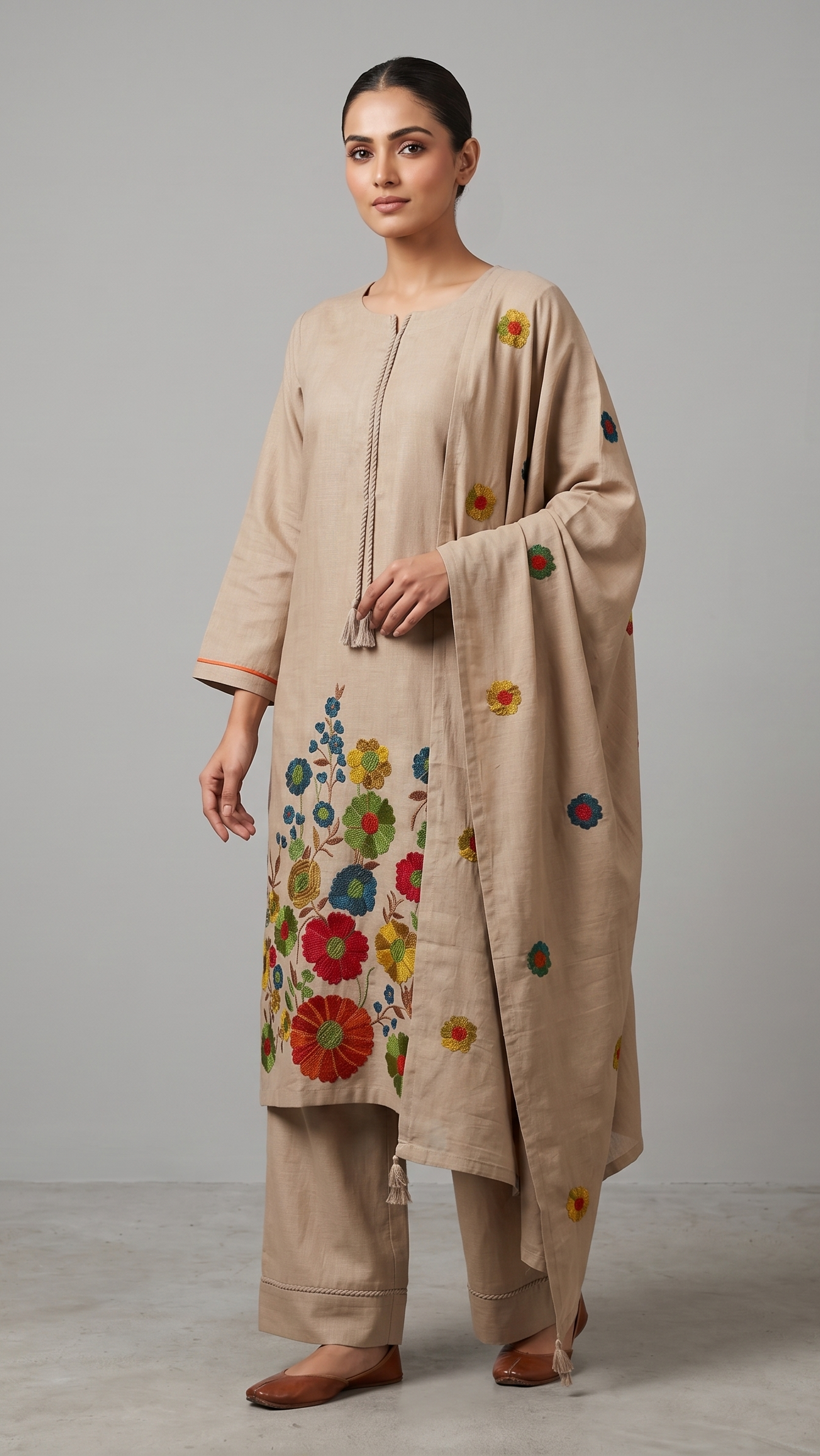 Natural Tone Crewel-Embroidered 3-Piece Suit with Dupatta