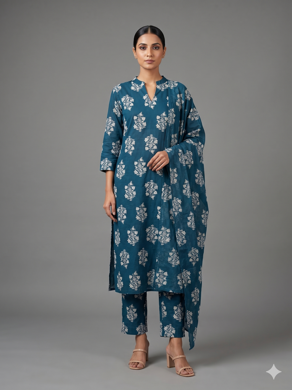 Ocean Teal Floral Block Print Kurta Set