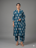 Ocean Teal Floral Block Print Kurta Set