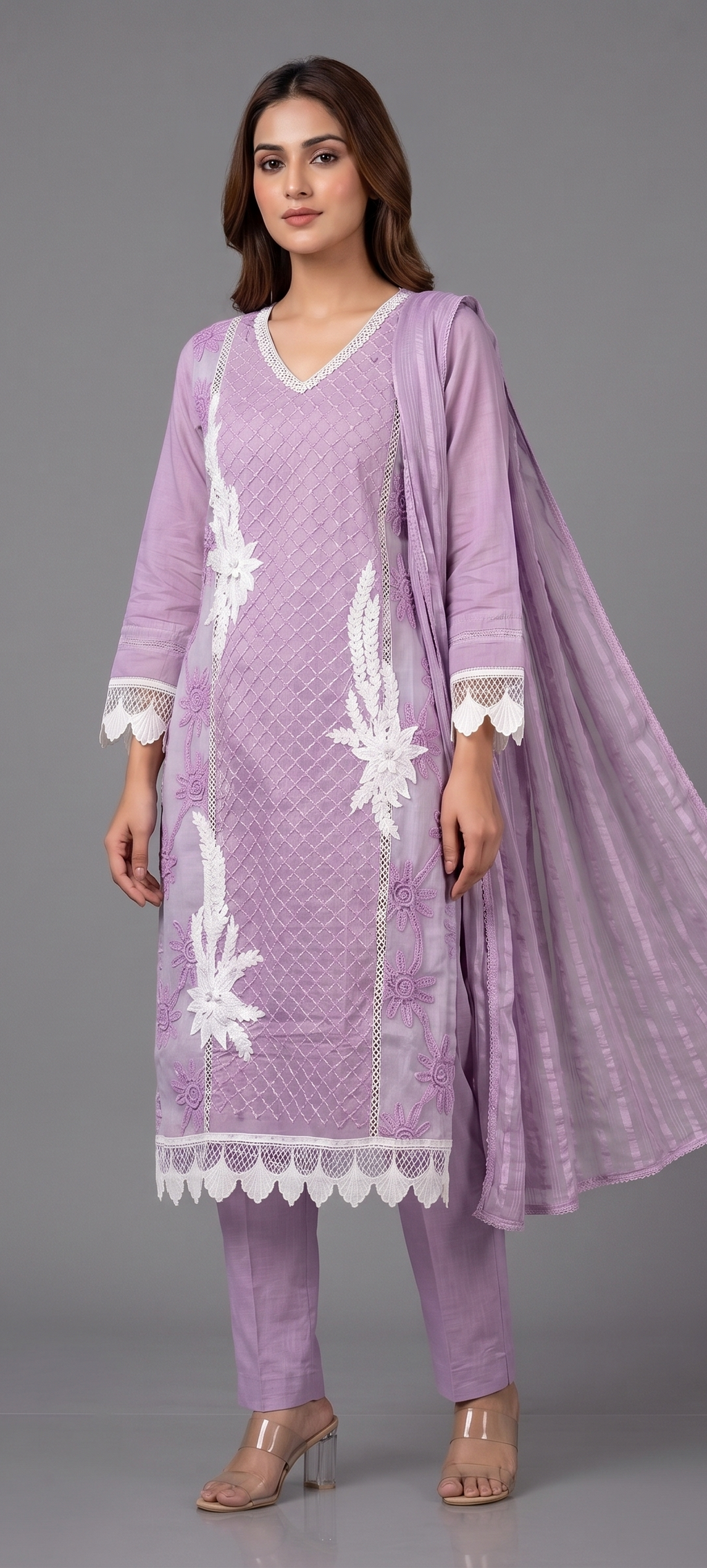 V-Neck Embroidered Straight Suit Set