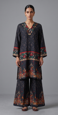 Navy Blue Kalamkari Print Co-ord Set with Wide-Leg Palazzos