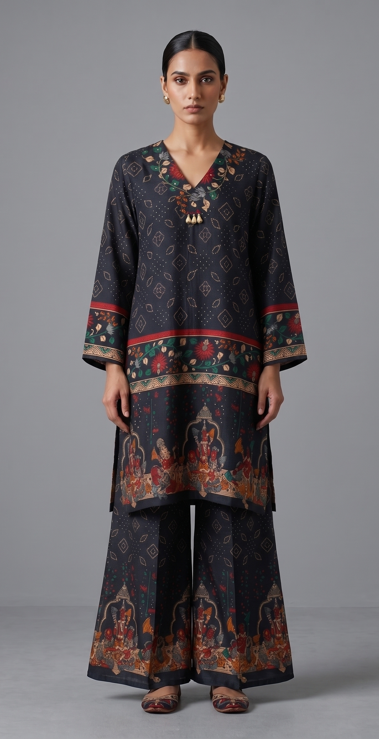 Navy Blue Kalamkari Print Co-ord Set with Wide-Leg Palazzos