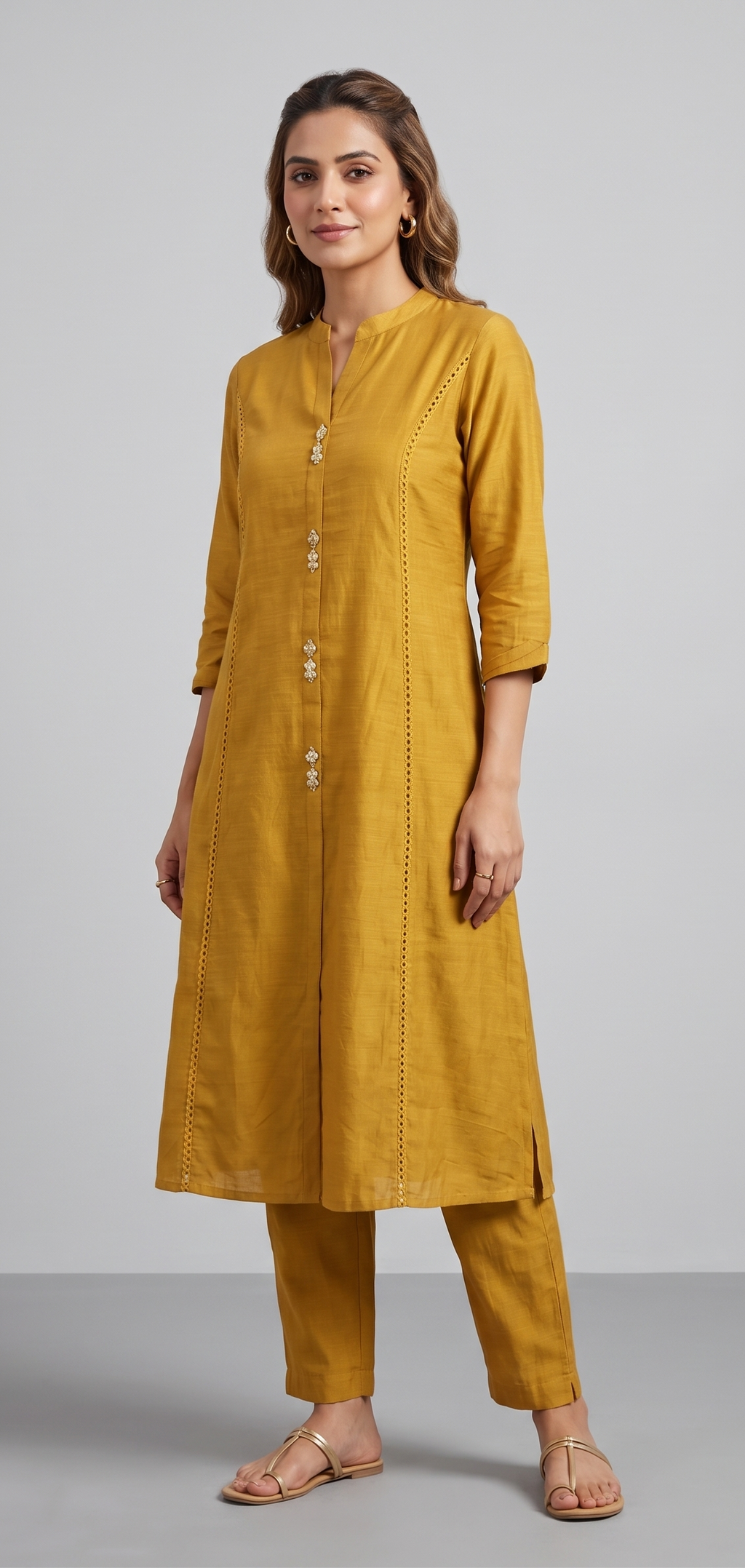 Mustard Yellow Mandarin Collar Kurta & Pant Set with Lace Detailing