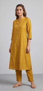 Mustard Yellow Mandarin Collar Kurta & Pant Set with Lace Detailing