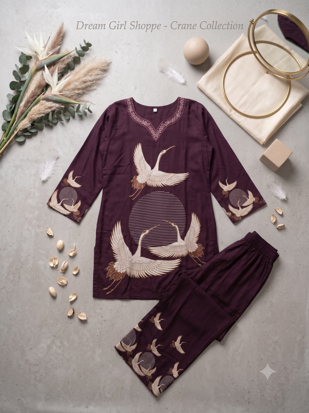 Deep Wine Crane Print Tunic and Wide-Leg Palazzo Co-ord Set