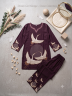 Deep Wine Crane Print Tunic and Wide-Leg Palazzo Co-ord Set