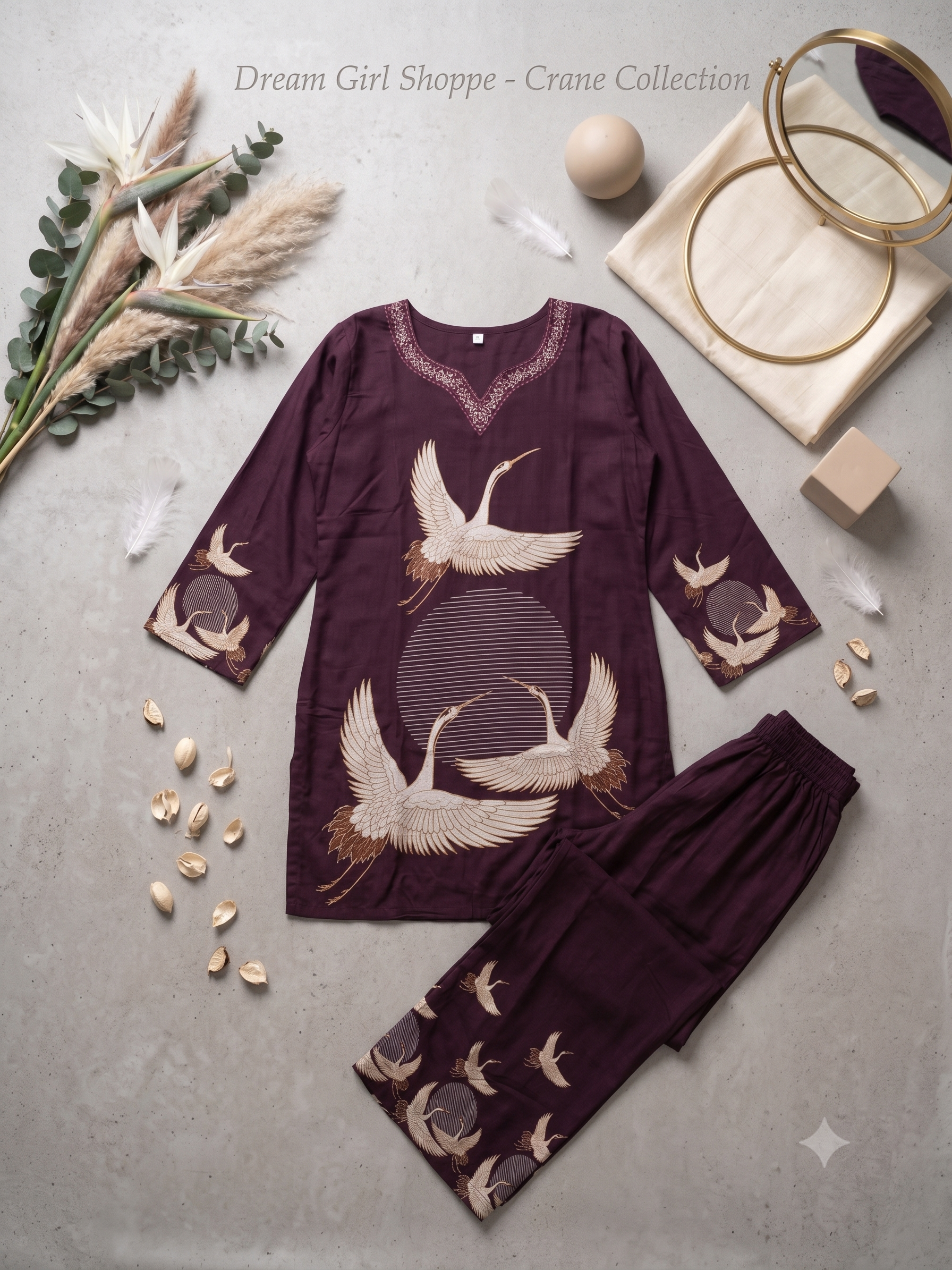 Deep Wine Crane Print Tunic and Wide-Leg Palazzo Co-ord Set