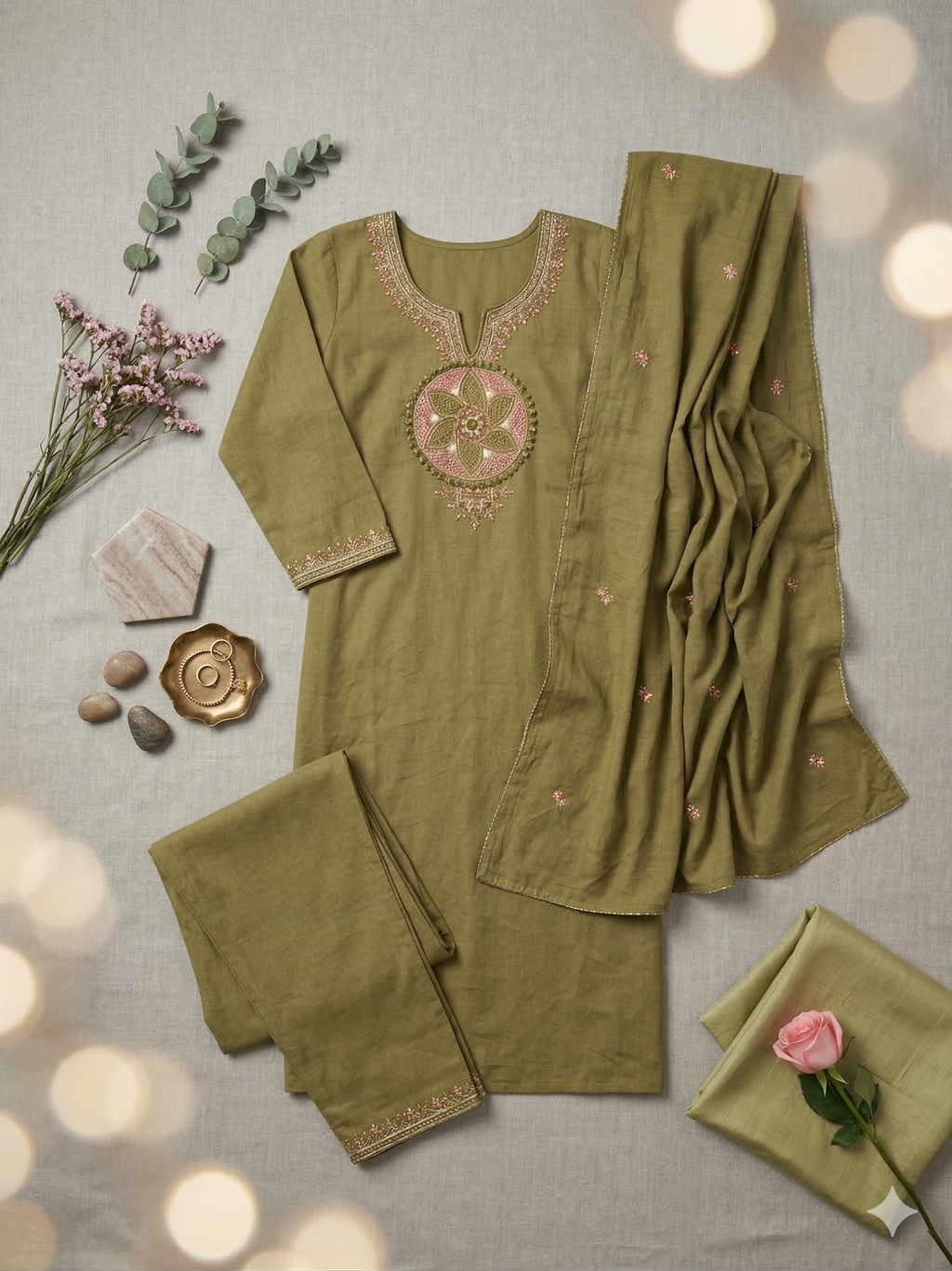 Green Mul Cotton Embroidery Kurtii Paint Duppata Set