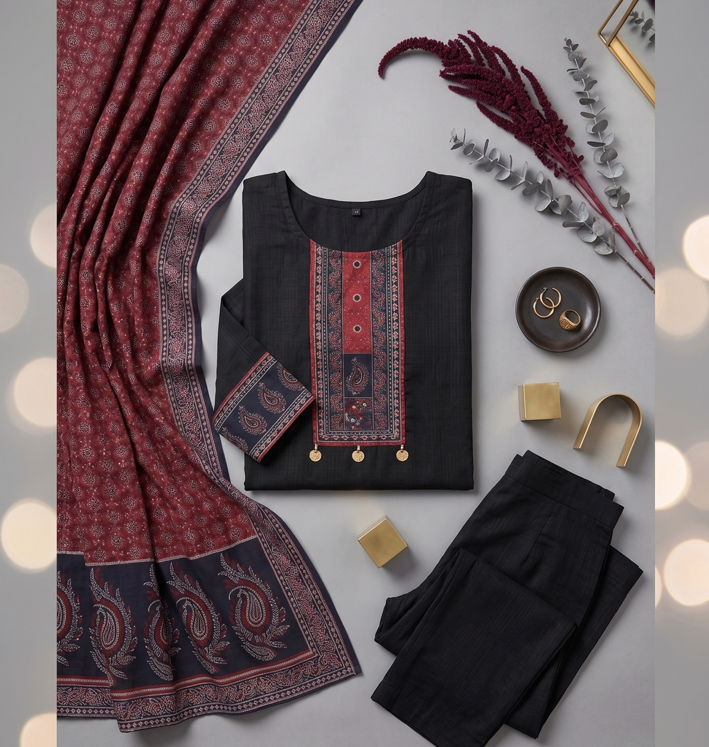 Jet Black Slub Cotton Kurta Pant Set with Printed Maroon Dupatta