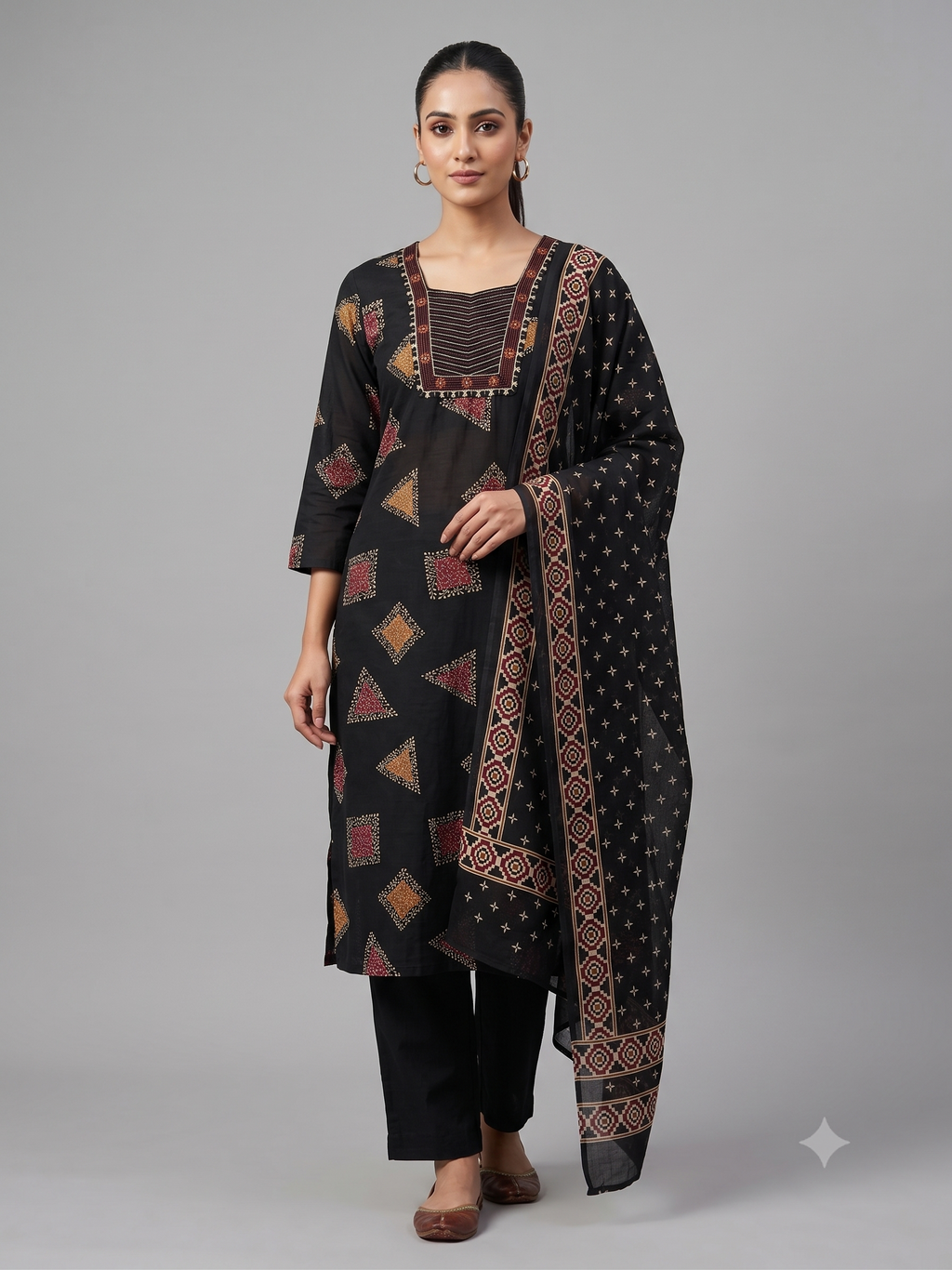 Women's Jet Black Cotton Kurta Set with Dupatta – 3-Piece Geometric Ajrakh-Inspired Printed Suit Set