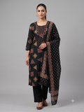 Women's Jet Black Cotton Kurta Set with Dupatta – 3-Piece Geometric Ajrakh-Inspired Printed Suit Set