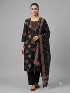 Women's Jet Black Cotton Kurta Set with Dupatta – 3-Piece Geometric Ajrakh-Inspired Printed Suit Set