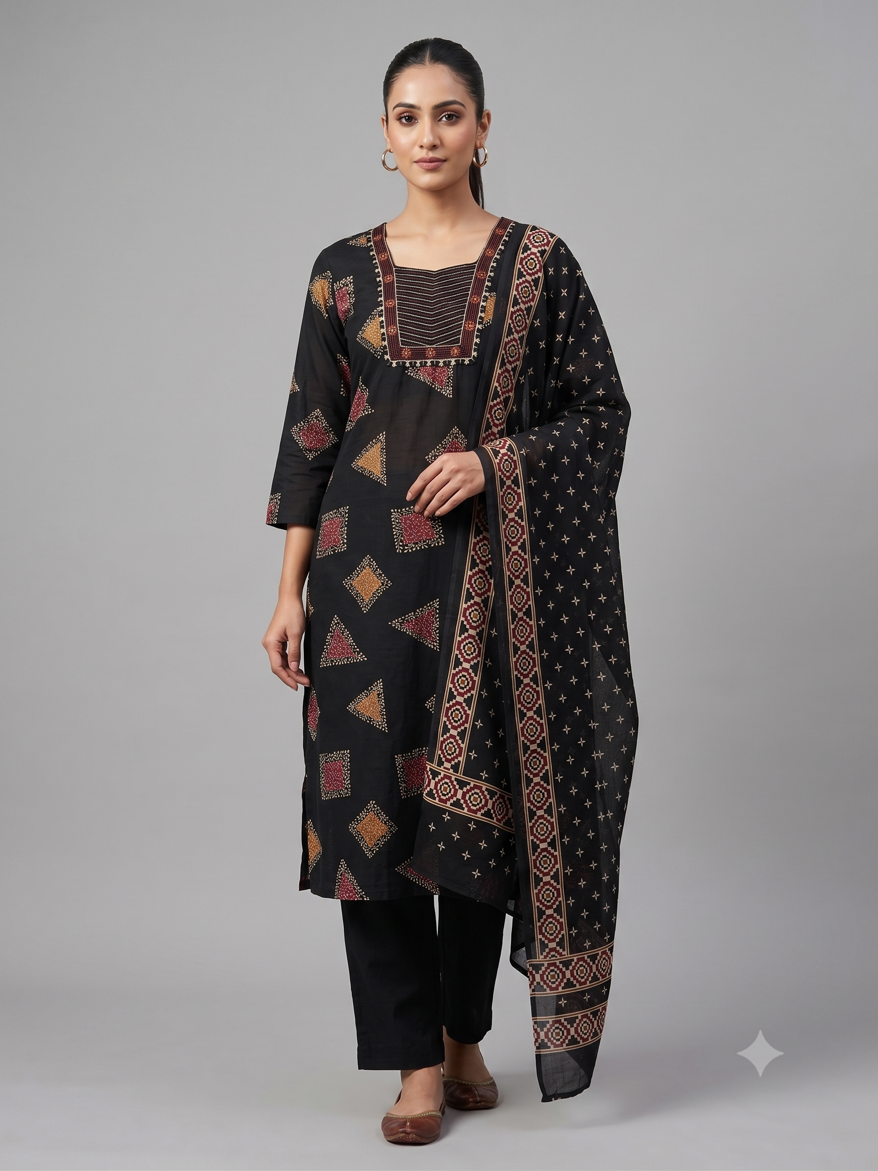 Women's Jet Black Cotton Kurta Set with Dupatta – 3-Piece Geometric Ajrakh-Inspired Printed Suit Set