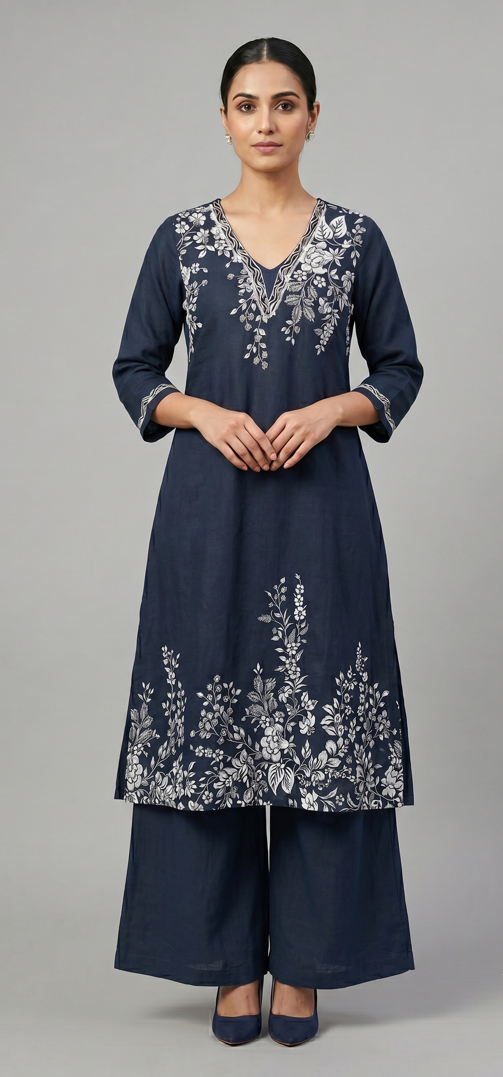 Navy Blue Floral Embroidered Kurti and Palazzo Set
