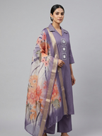 Lavender Collared Kurta Set with Floral Organza Dupatta