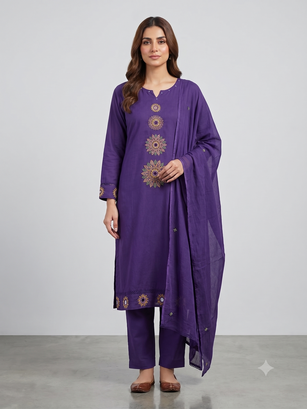Women's Deep Purple Cotton Chanderi Kurta Set with Dupatta – 3-Piece Embroidered Mandala Suit Set