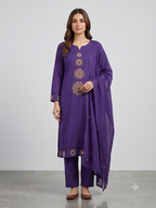 Women's Deep Purple Cotton Chanderi Kurta Set with Dupatta – 3-Piece Embroidered Mandala Suit Set