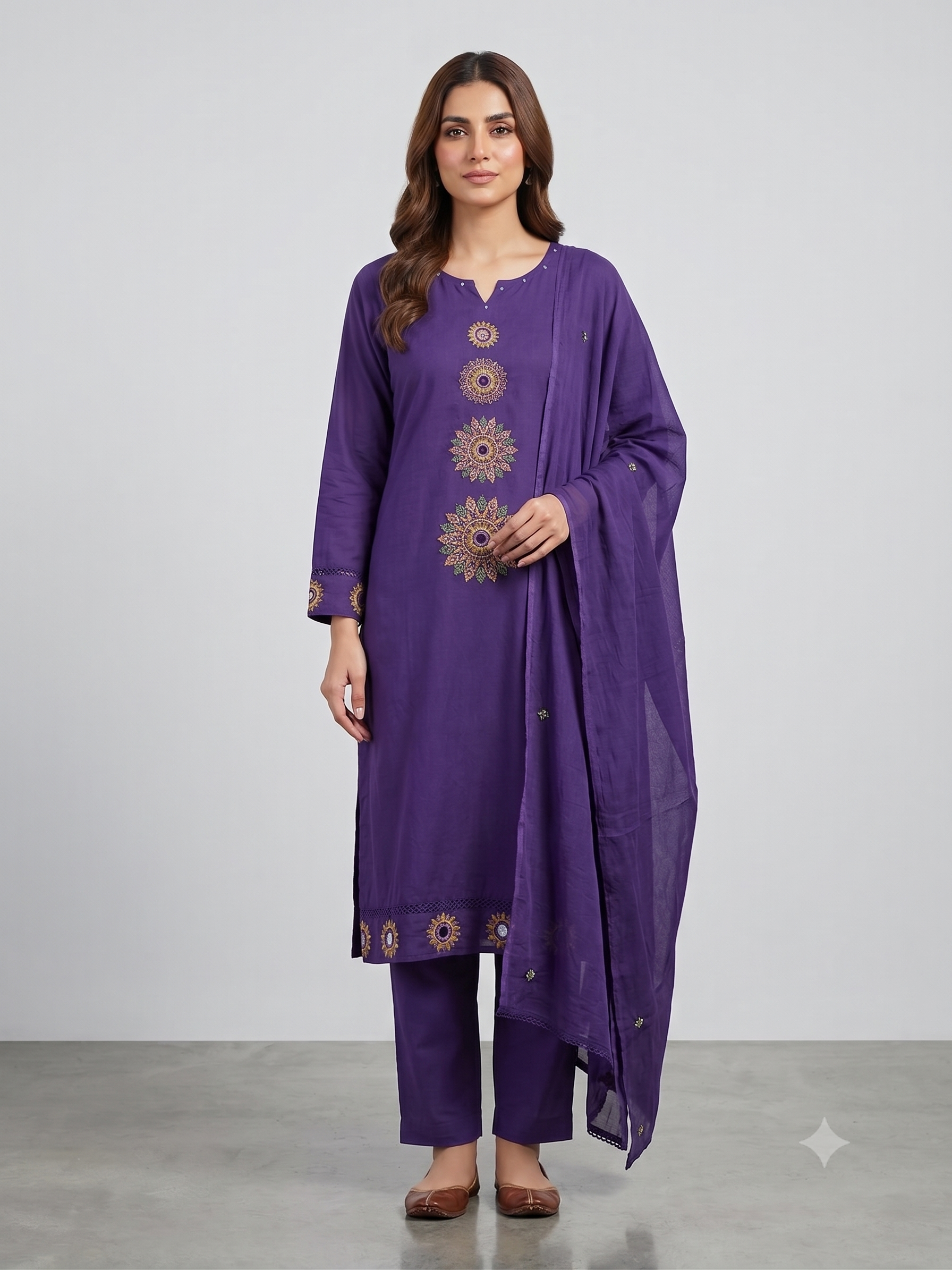 Women's Deep Purple Cotton Chanderi Kurta Set with Dupatta – 3-Piece Embroidered Mandala Suit Set