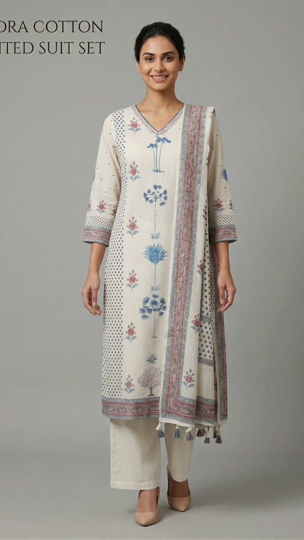 Kindra Cotton Printed Kurta Suit Set with Tasseled Dupatta