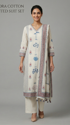 Kindra Cotton Printed Kurta Suit Set with Tasseled Dupatta