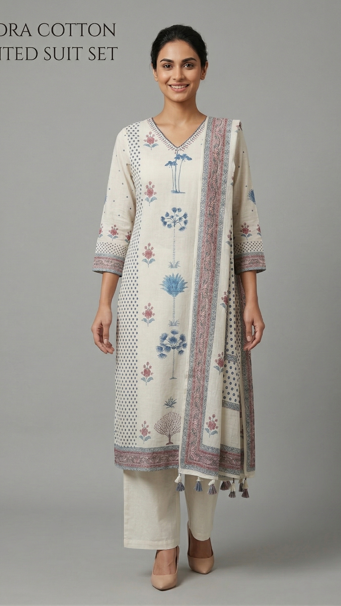 Kindra Cotton Printed Kurta Suit Set with Tasseled Dupatta