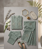 Sage Green Embroidered Kurti Pant Set with Dupatta