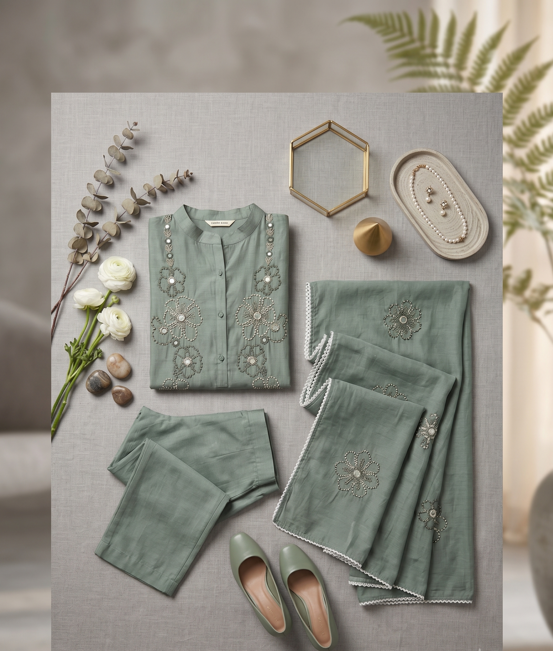 Sage Green Embroidered Kurti Pant Set with Dupatta