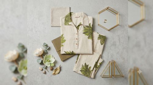 Beige and Olive Green Floral Linen-Blend Co-ord Set