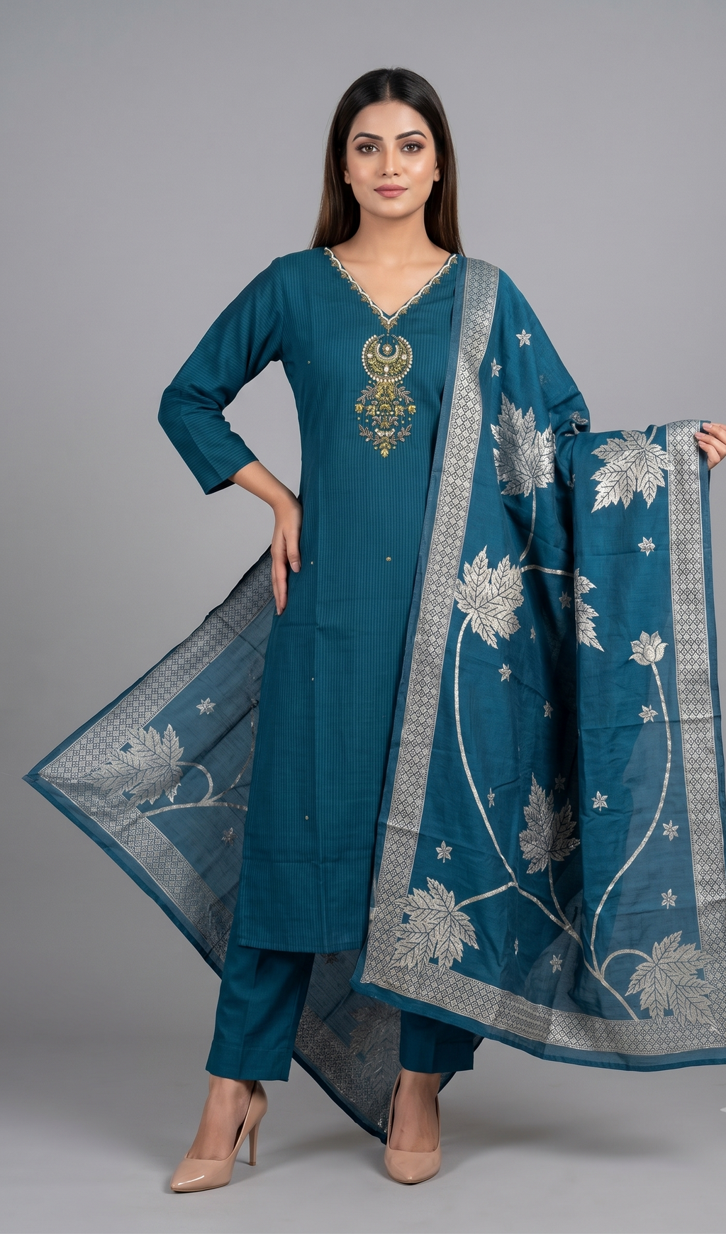 Teal Blue Embroidered Kurti Trouser Set with Woven Motif Dupatta