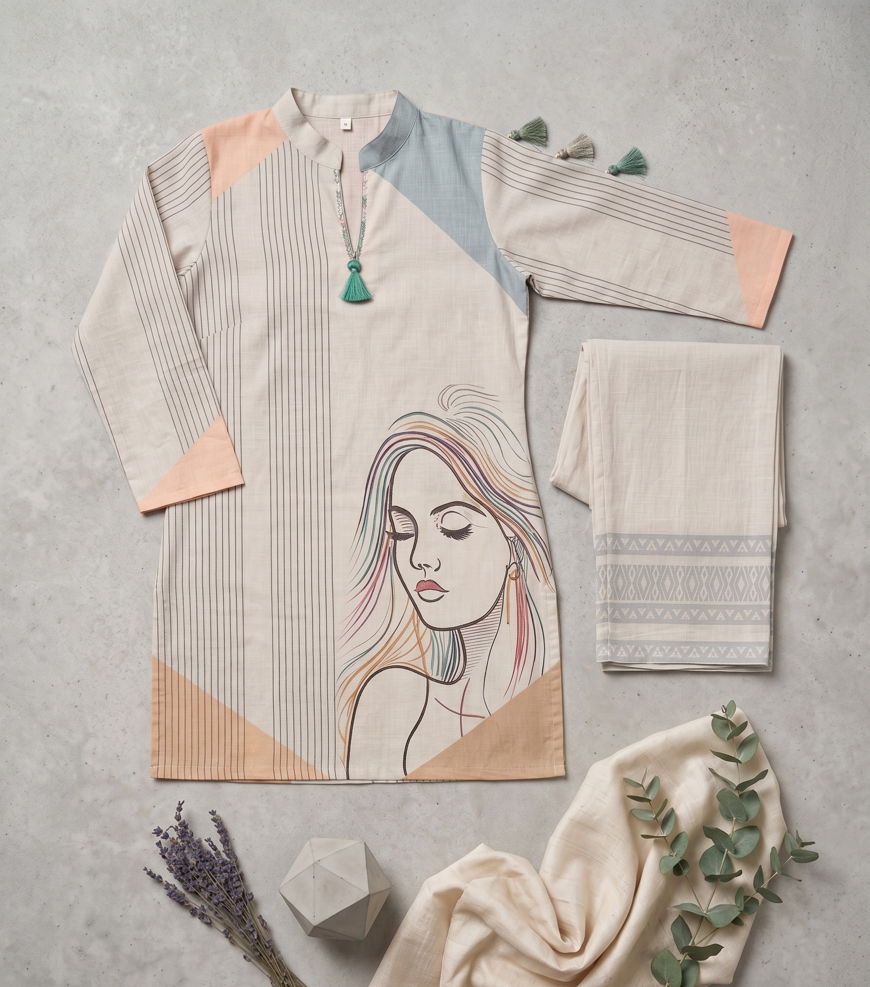 Beige Striped Tunic Set with Line Art Portrait & Wide-Leg Pants