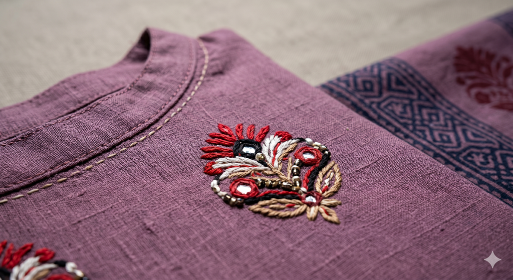 Dusky Lilac Floral Motif Embroidered Kurta Set
