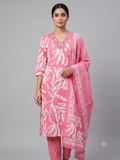Women's Pink & White Abstract Leaf Printed Cotton Kurta Set with Dupatta – 3-Piece Ethnic Suit Set